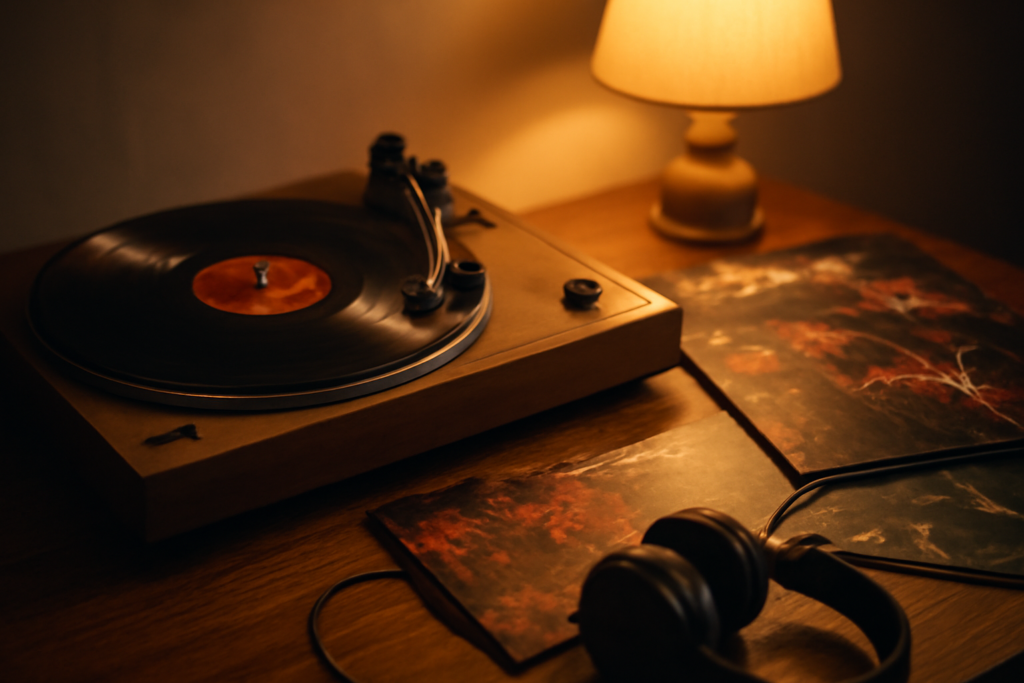 Pemutar piringan hitam dan tumpukan album metal serta rock di atas meja kayu