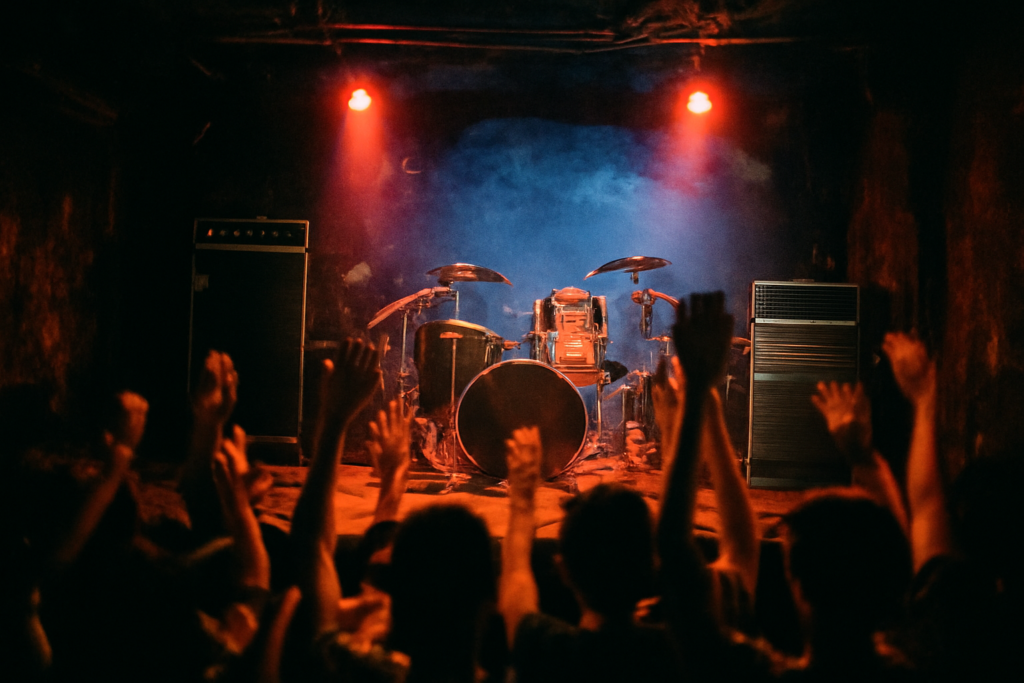 Suasana pertunjukan band metal di venue kecil dengan lampu panggung merah dan biru
