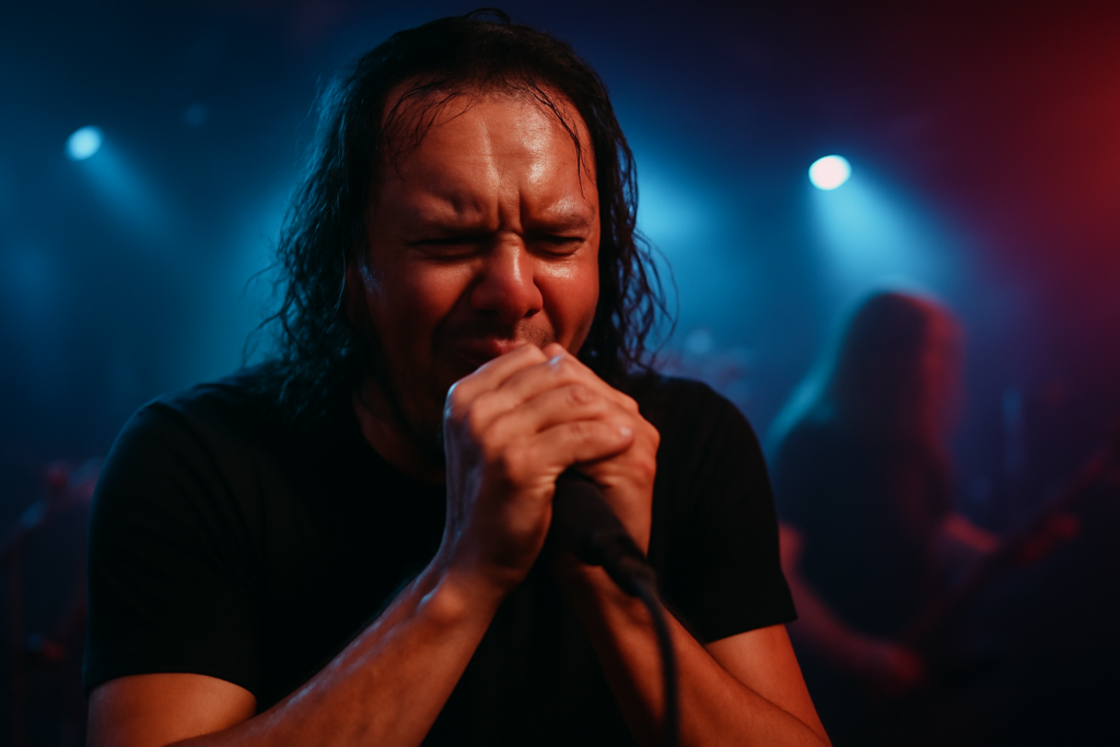 Vokalis band metal sedang tampil di atas panggung dengan lampu panggung