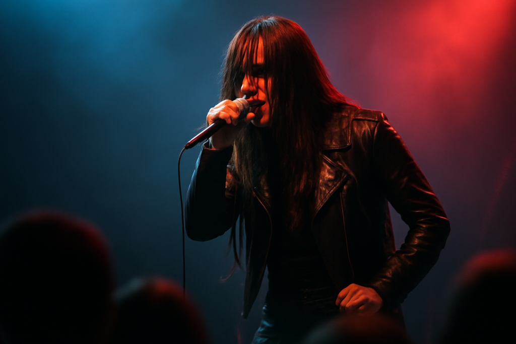 Vokalis wanita band metal tampil di atas panggung dengan pencahayaan panggung