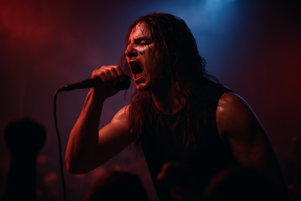 Vokalis band metal sedang melakukan scream di atas panggung dengan pencahayaan panggung merah dan biru