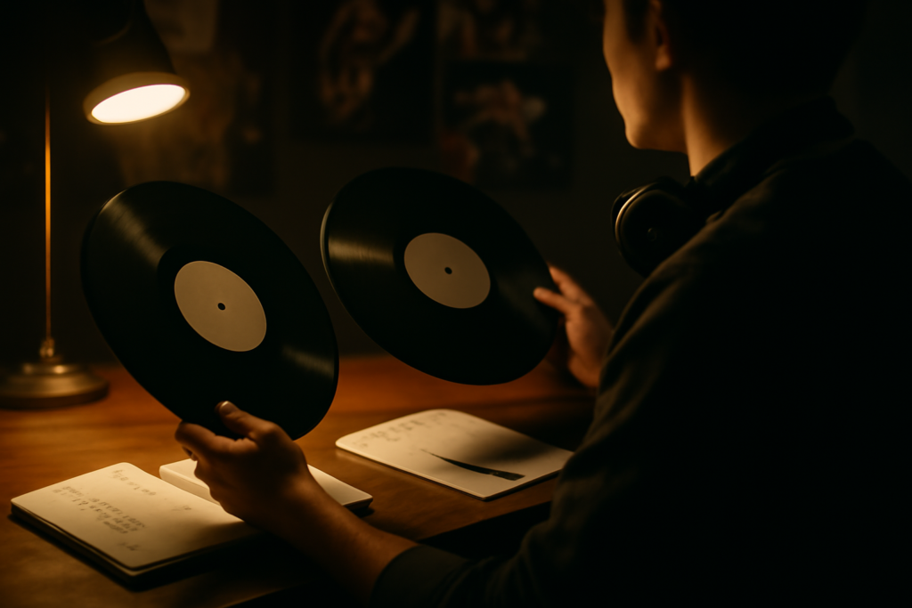 Seseorang membandingkan dua piringan hitam sambil memakai headphone untuk membedakan musik metal dan rock