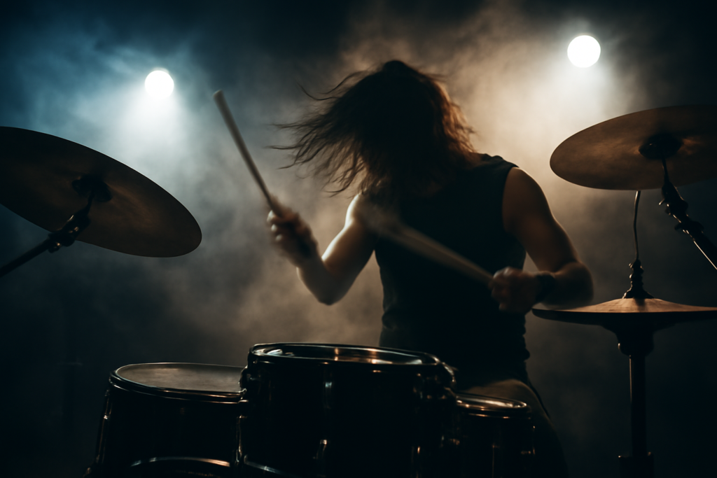 Drummer metal tampil di atas panggung dengan pencahayaan dramatis dan gerakan cepat