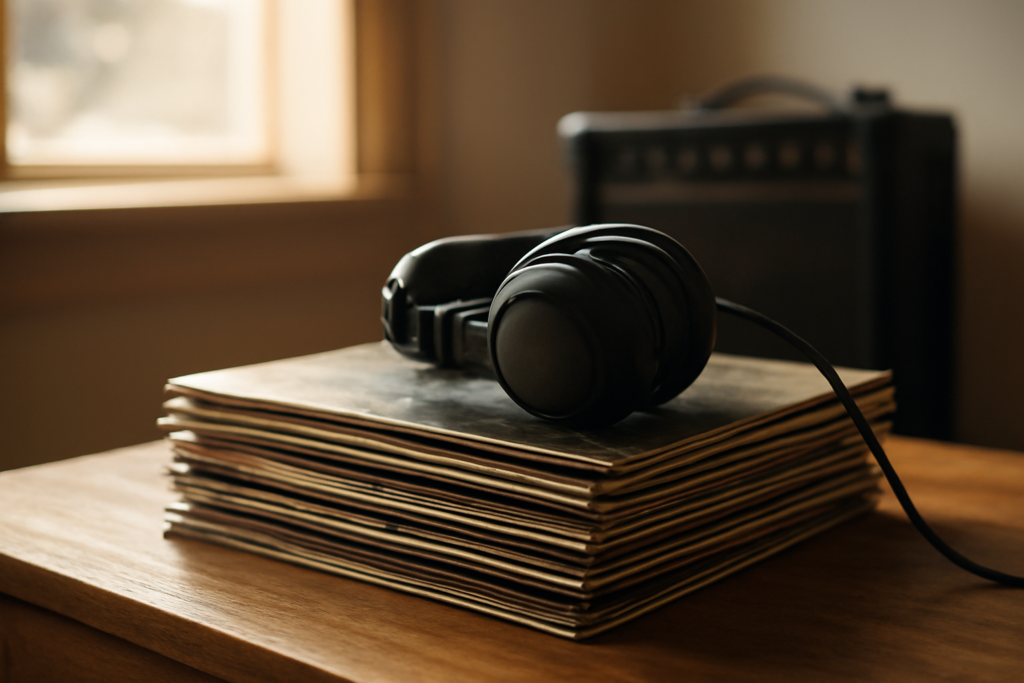 Tumpukan piringan hitam dan headphone di atas meja kayu dengan amplifier gitar di latar belakang